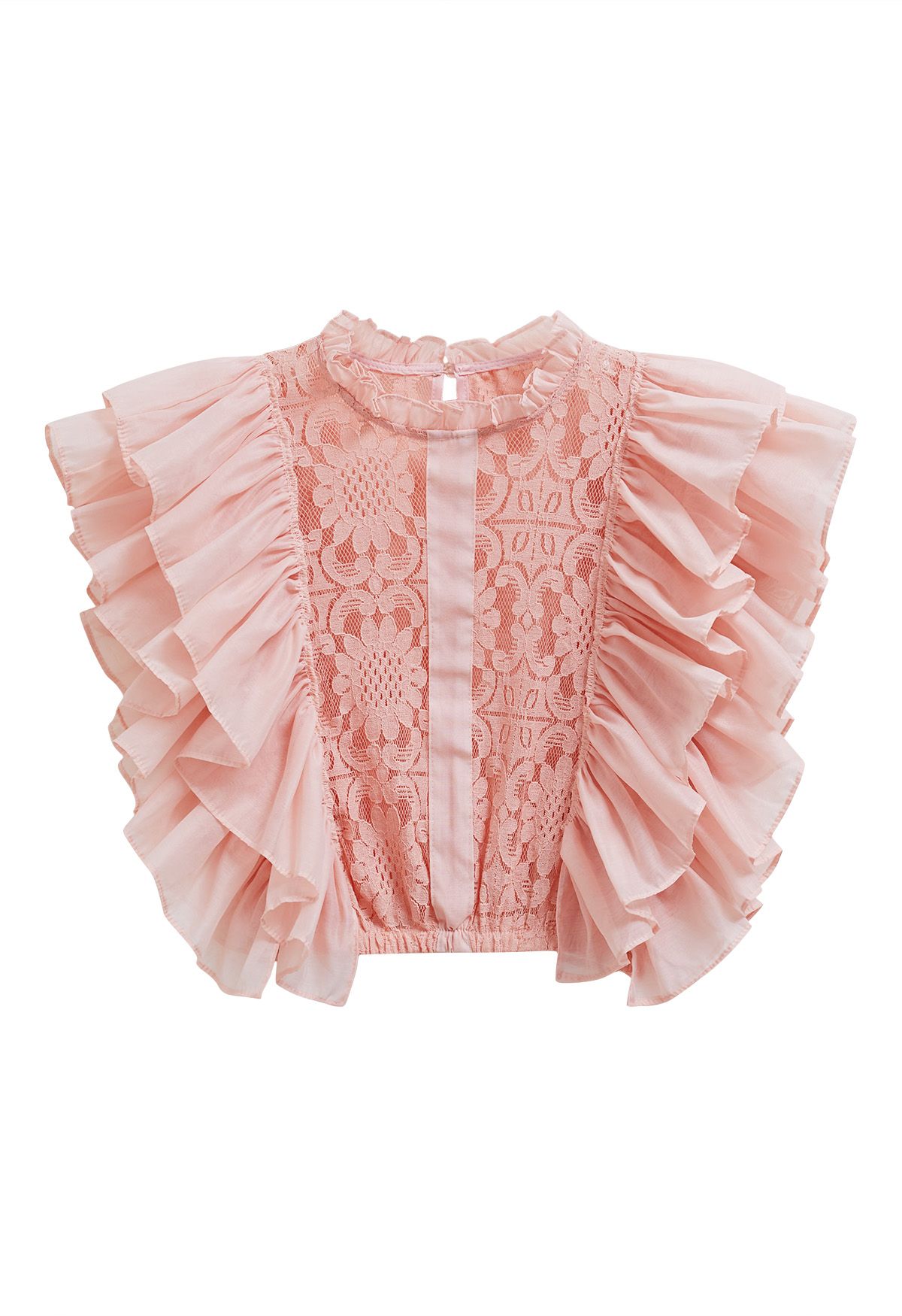 Tiered Ruffle Sleeveless Lace Crop Top in Nude Pink