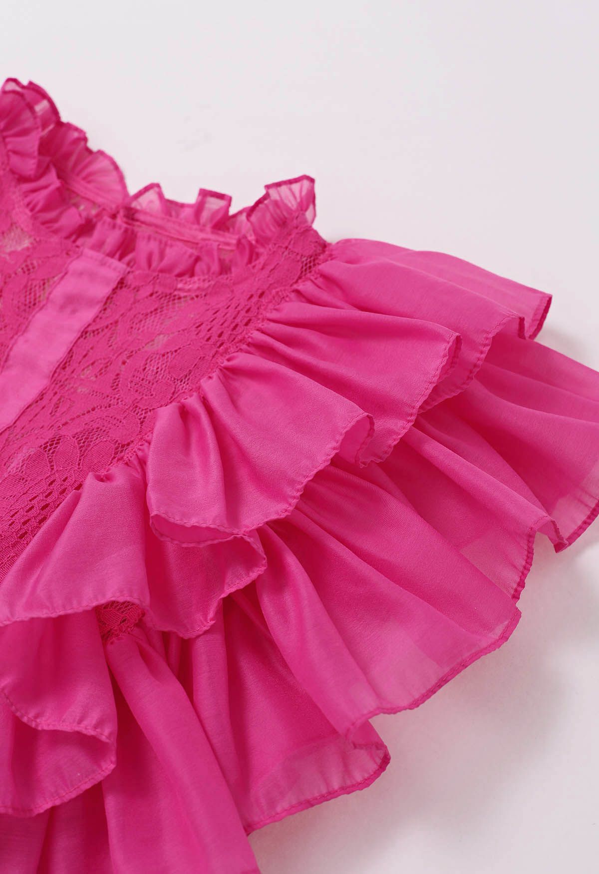 Tiered Ruffle Sleeveless Lace Crop Top in Magenta