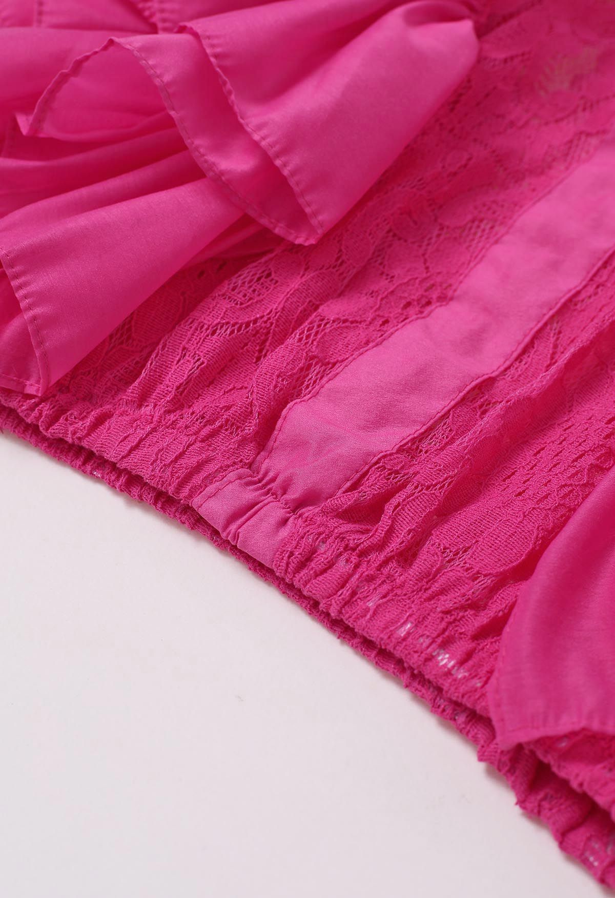 Tiered Ruffle Sleeveless Lace Crop Top in Magenta