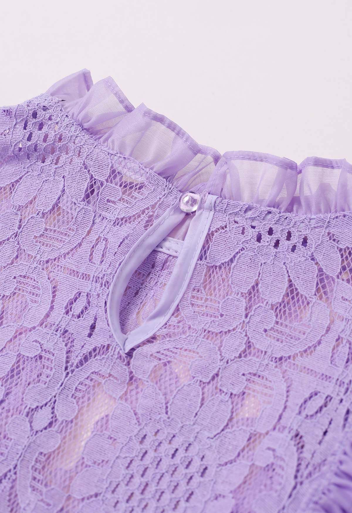 Tiered Ruffle Sleeveless Lace Crop Top in Lilac