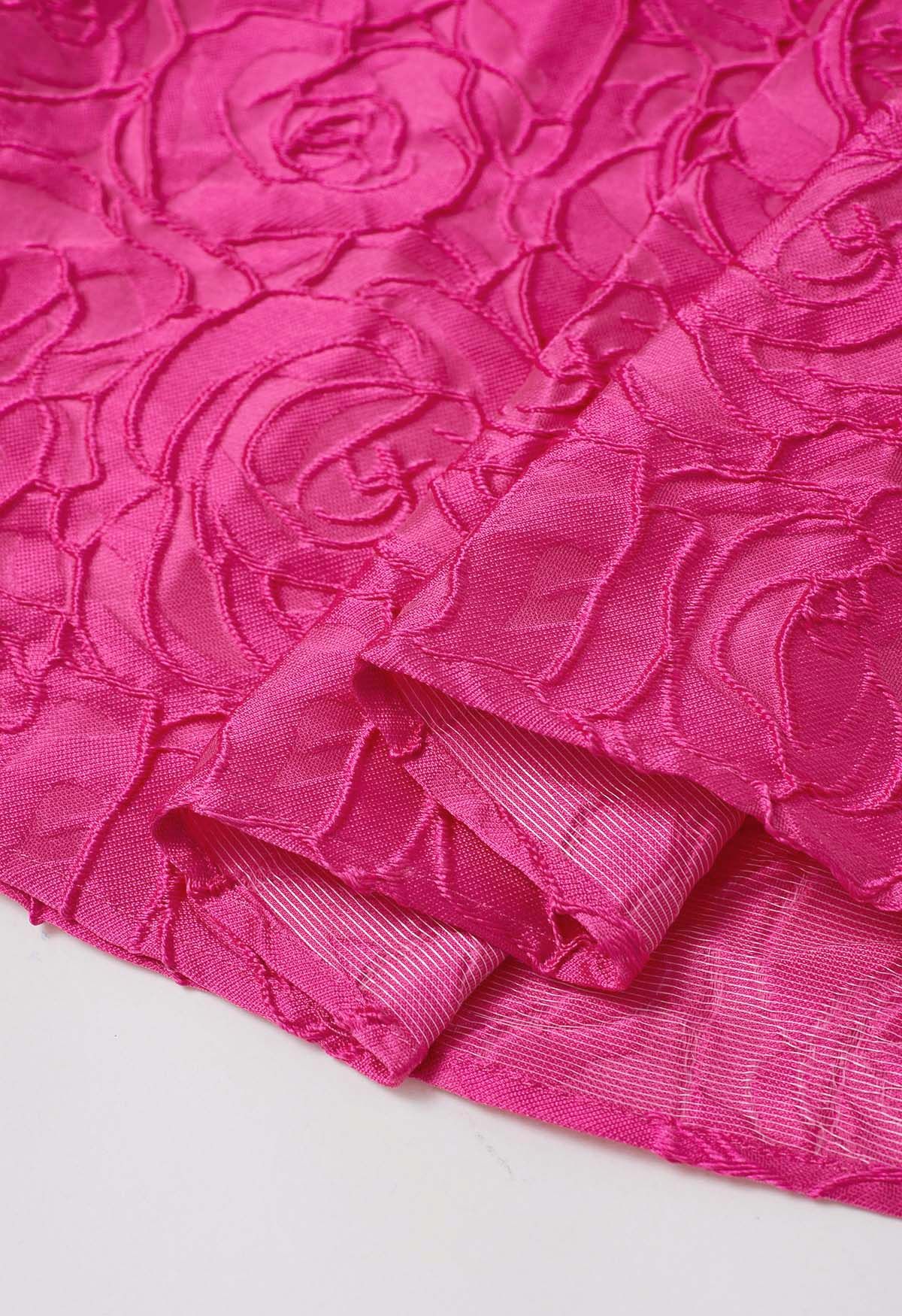 Hot Pink Roses Jacquard Side Pocket Pleated Midi Skirt
