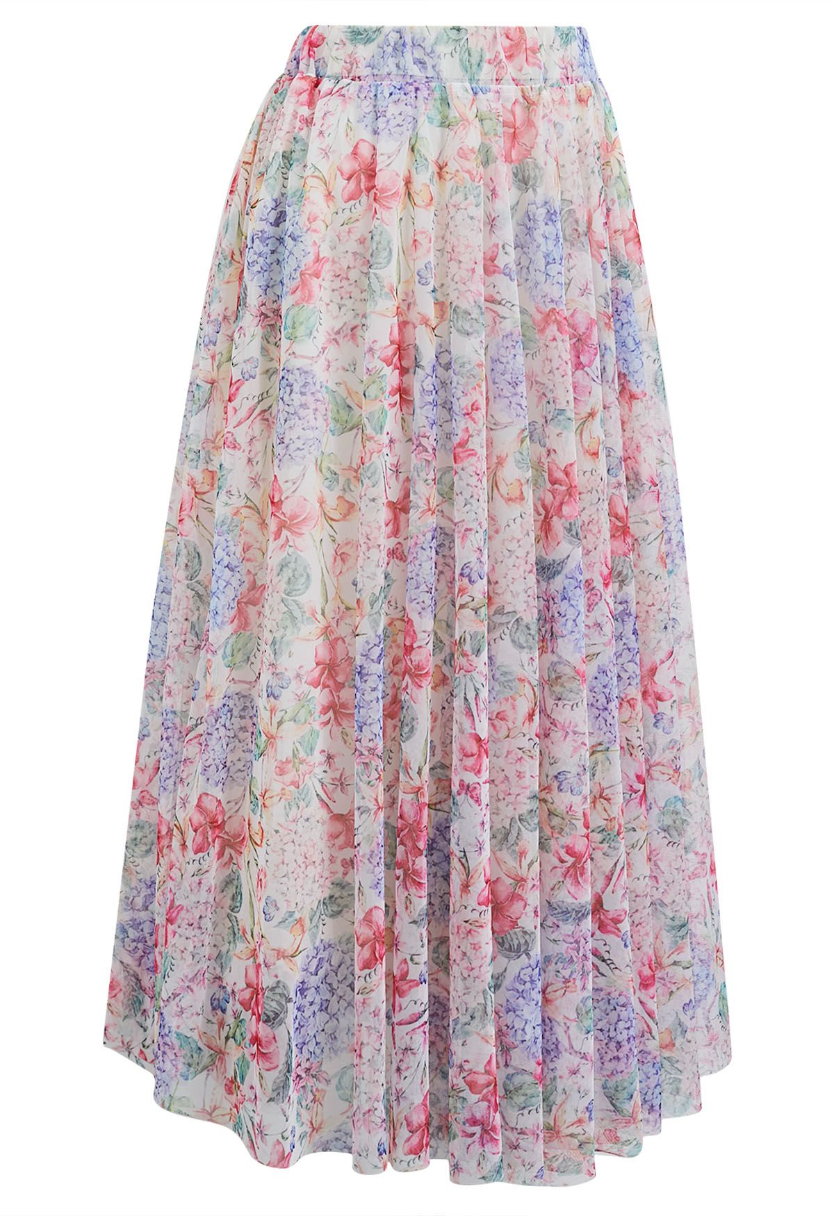 Hydrangea Printed Mesh Tulle Midi Skirt