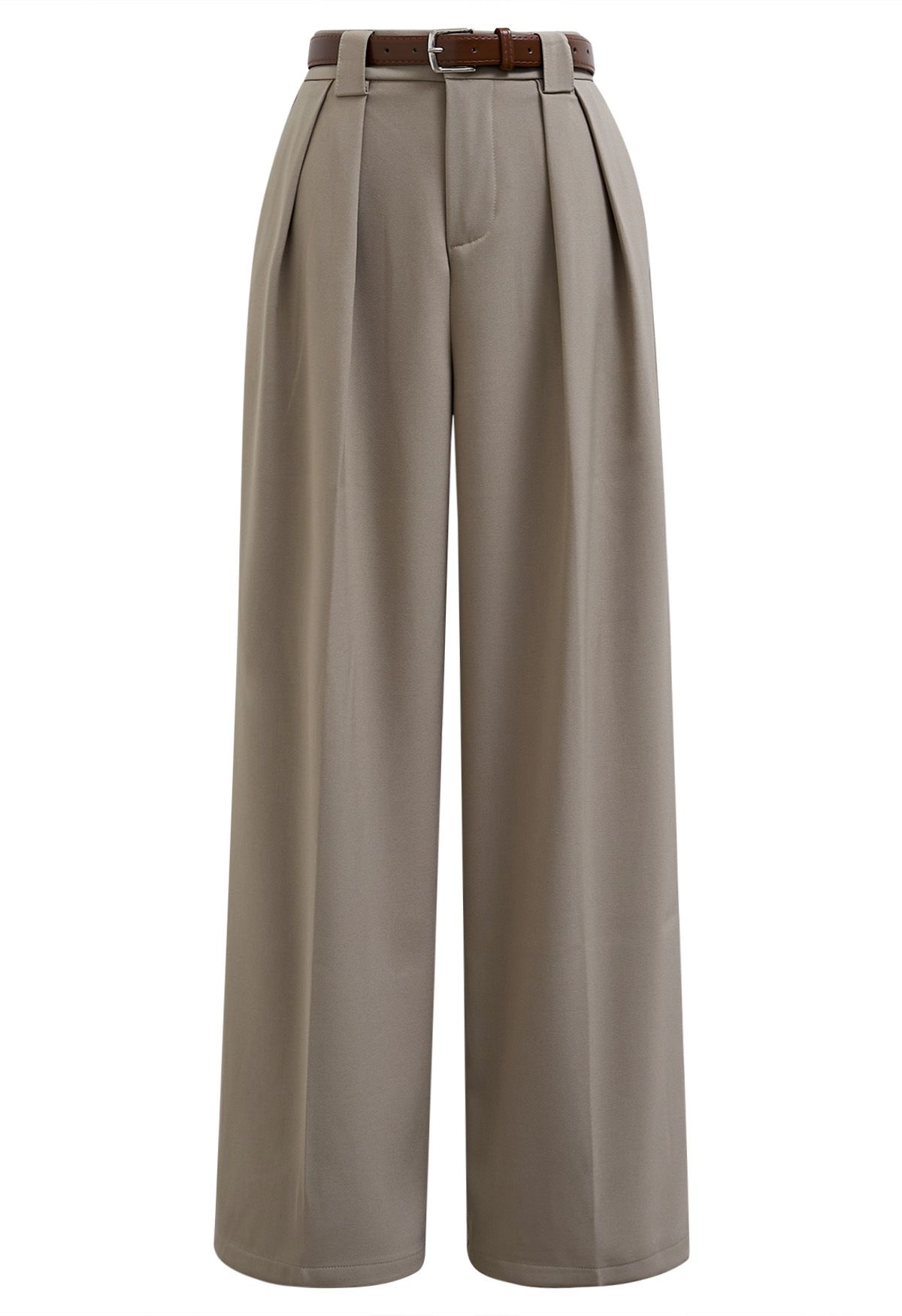 Faux Leather Belt Straight-Leg Pants in Sand