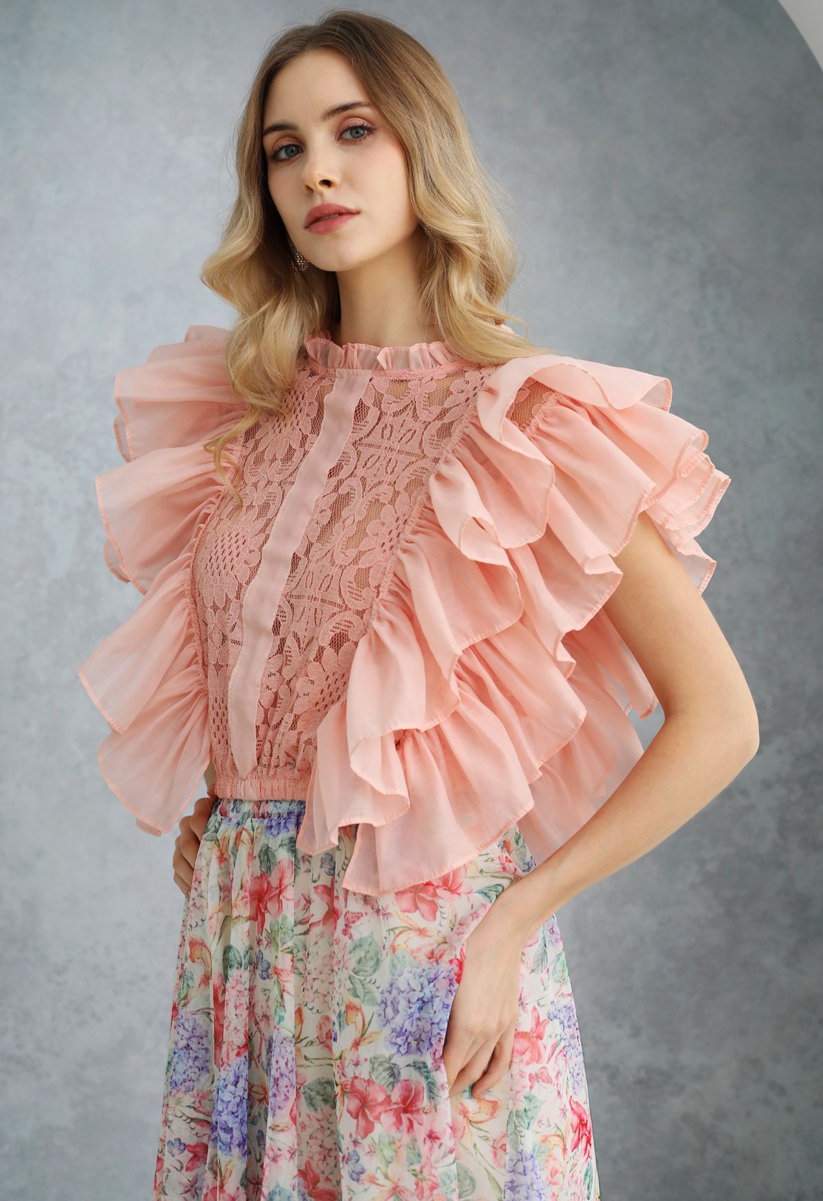 Tiered Ruffle Sleeveless Lace Crop Top in Nude Pink