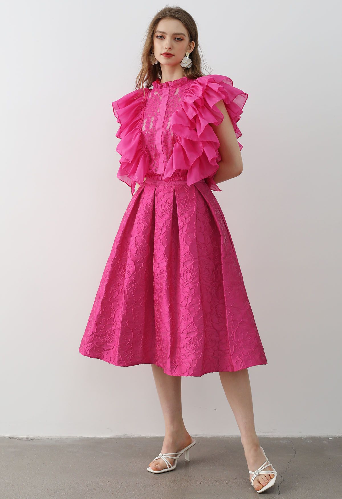 Hot Pink Roses Jacquard Side Pocket Pleated Midi Skirt