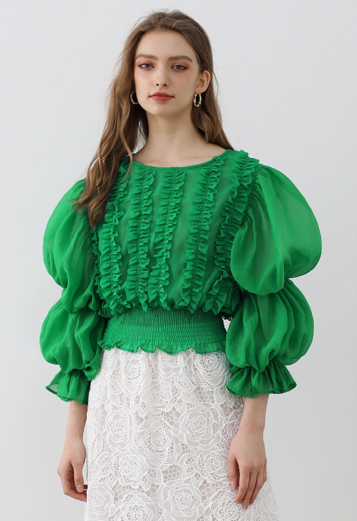 Bubble Sleeve Ruffle Trim Chiffon Spliced Crop Top in Green