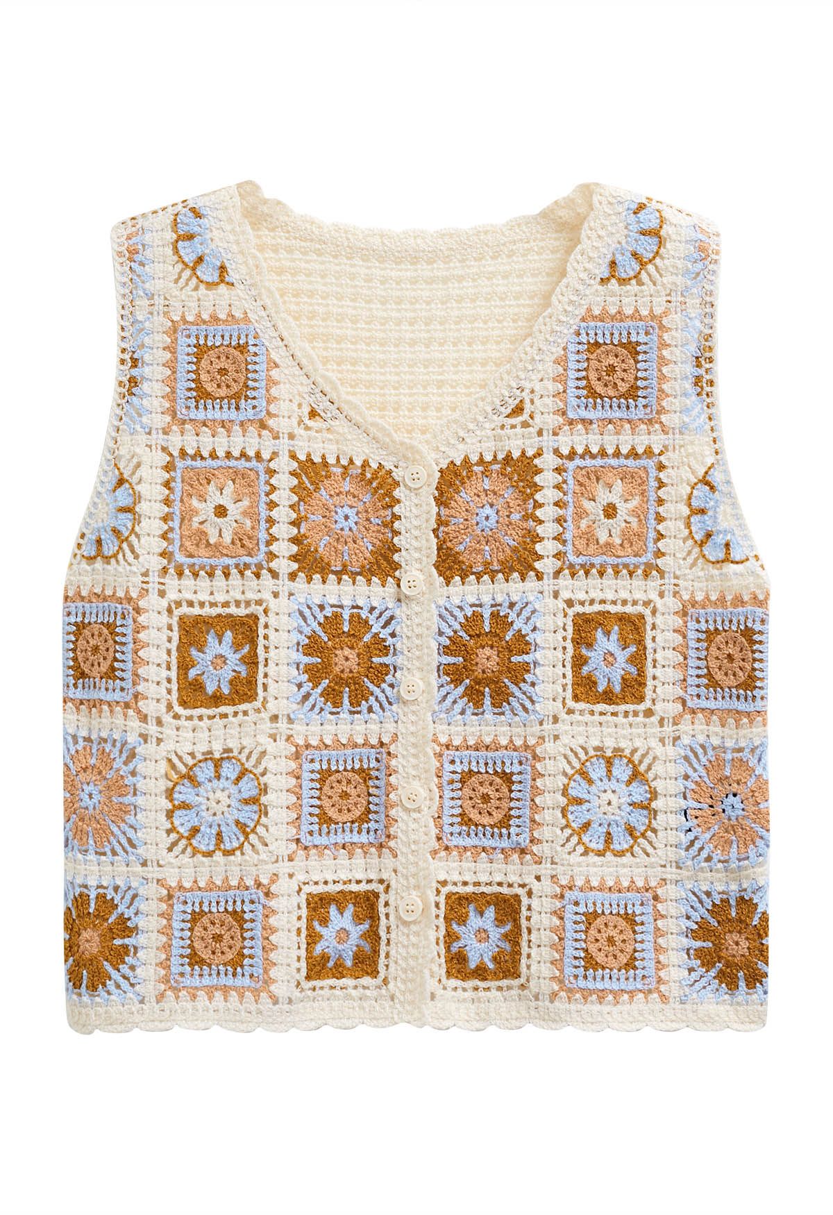 Floral Patchwork Crochet Buttoned Knit Vest - Retro