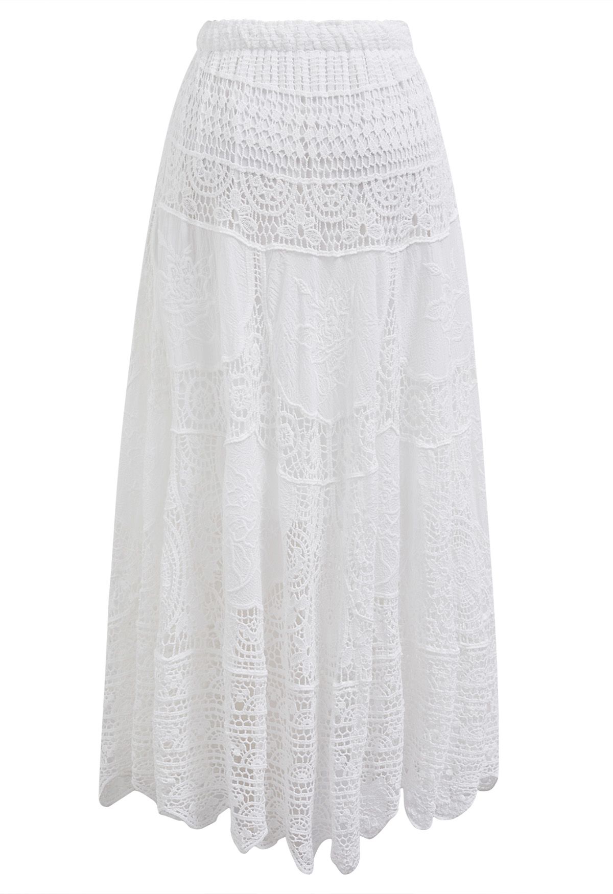 Embroidered Floral Cutwork Crochet Maxi Skirt in White