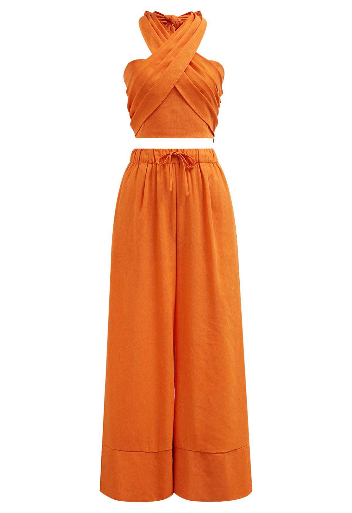 Criss-Cross Halter Pleat Crop Top in Orange