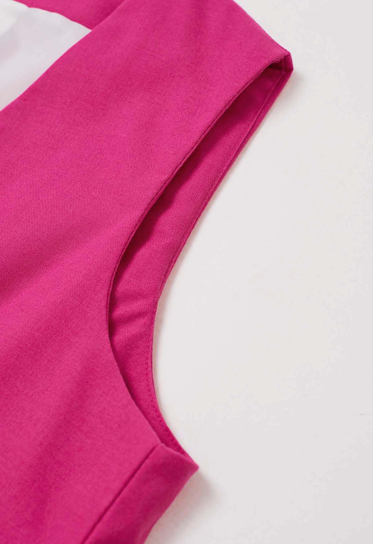 V-Neck Buttoned Down Linen-Blend Vest in Hot Pink