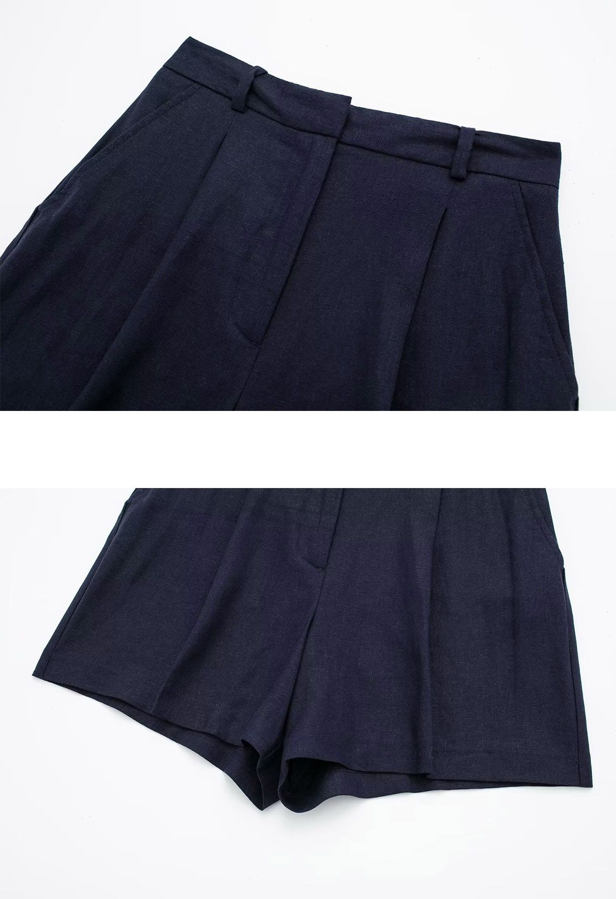 Side Pocket Pleated Linen-Blend Shorts in Navy