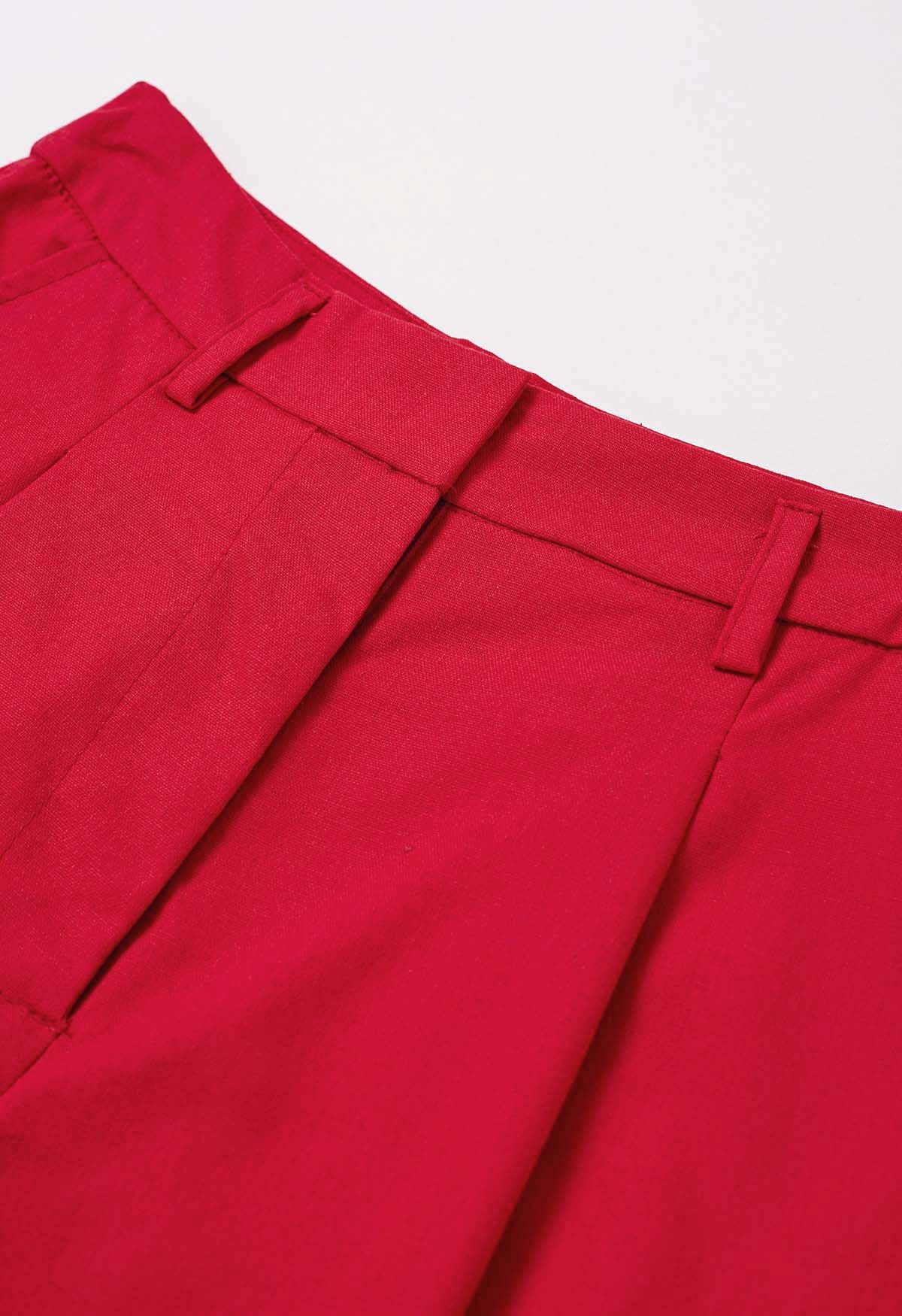 Side Pocket Pleated Linen-Blend Shorts in Red