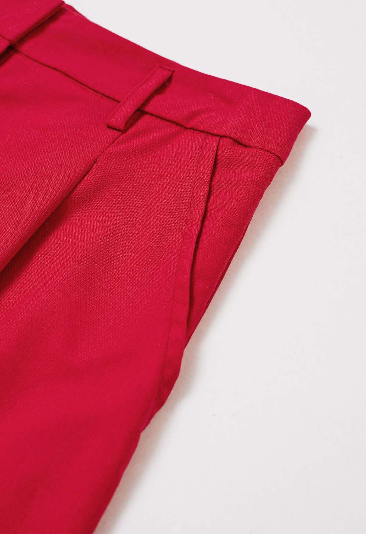 Side Pocket Pleated Linen-Blend Shorts in Red