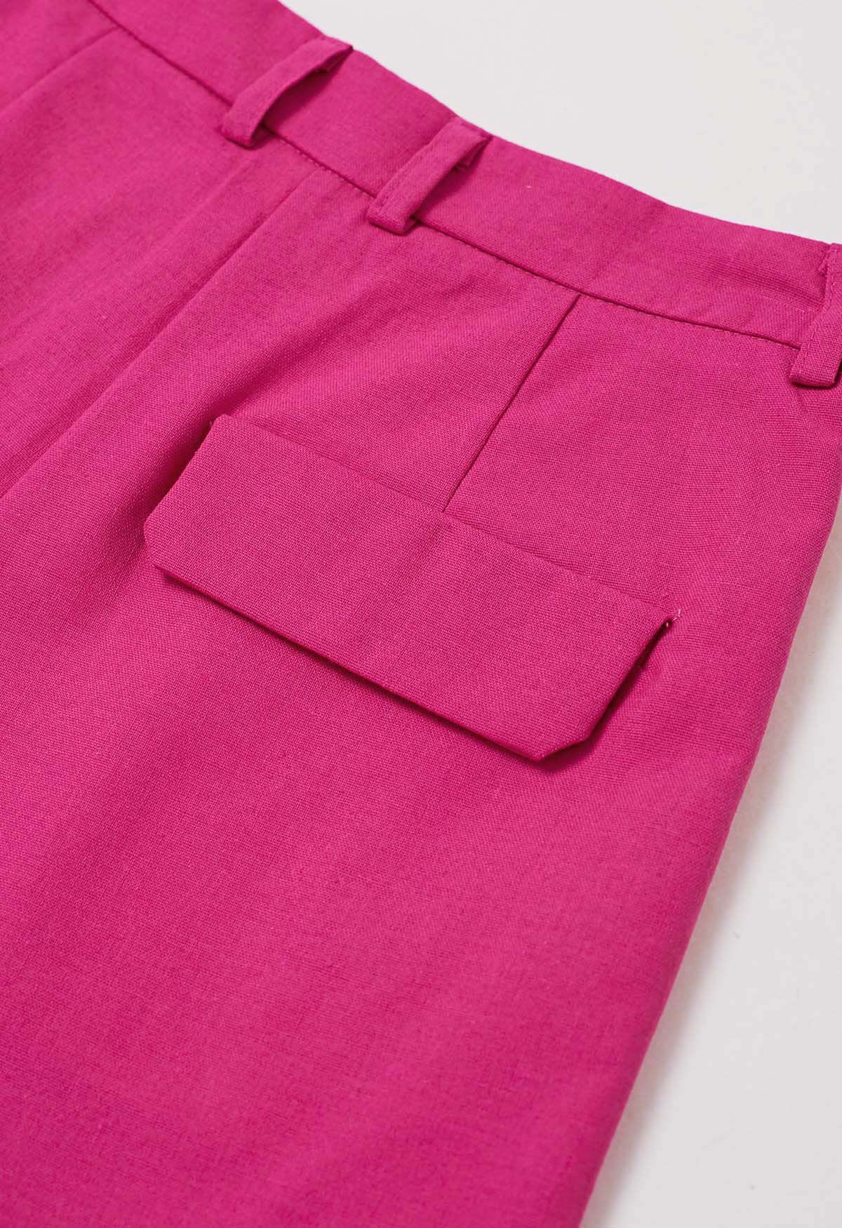 Side Pocket Pleated Linen-Blend Shorts in Hot Pink