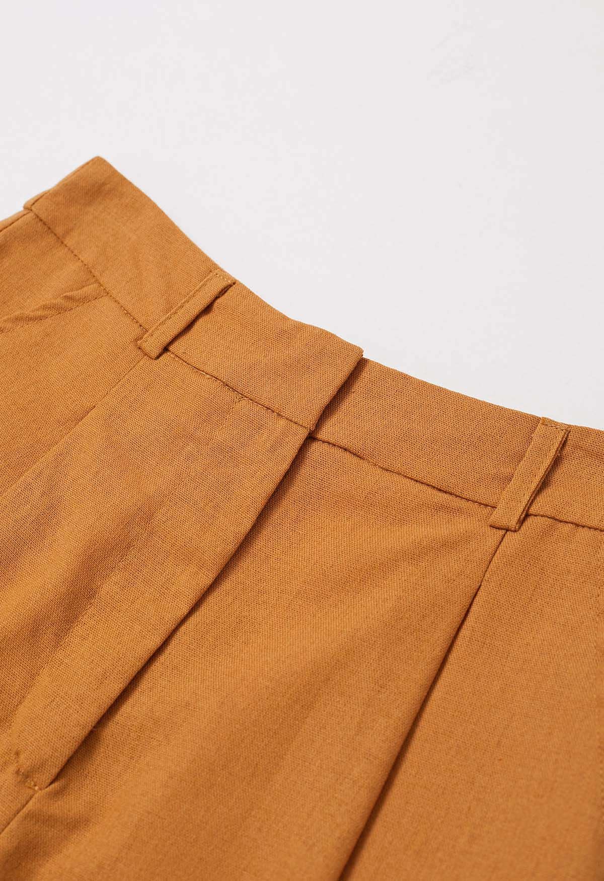 Side Pocket Pleated Linen-Blend Shorts in Pumpkin