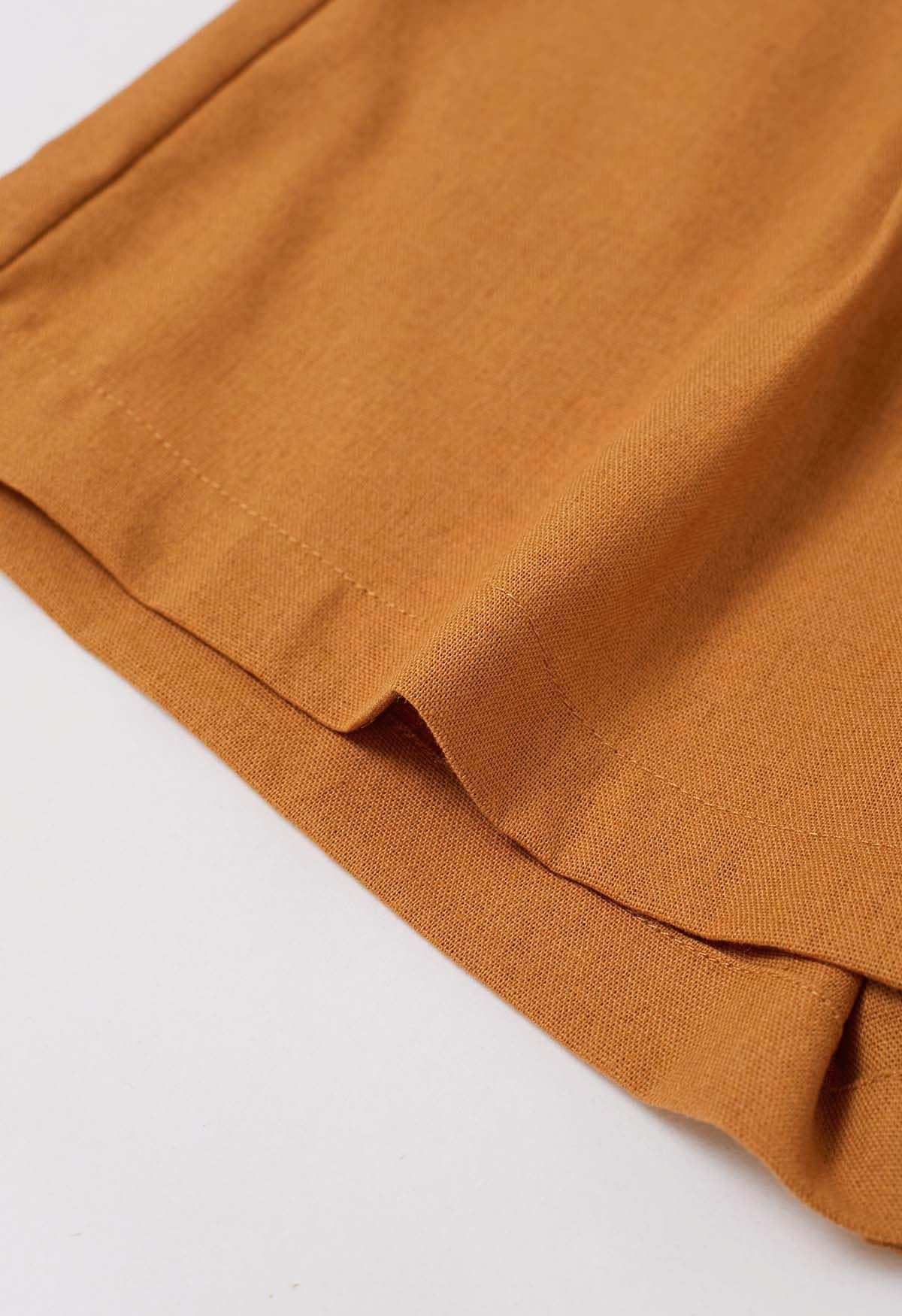 Side Pocket Pleated Linen-Blend Shorts in Pumpkin