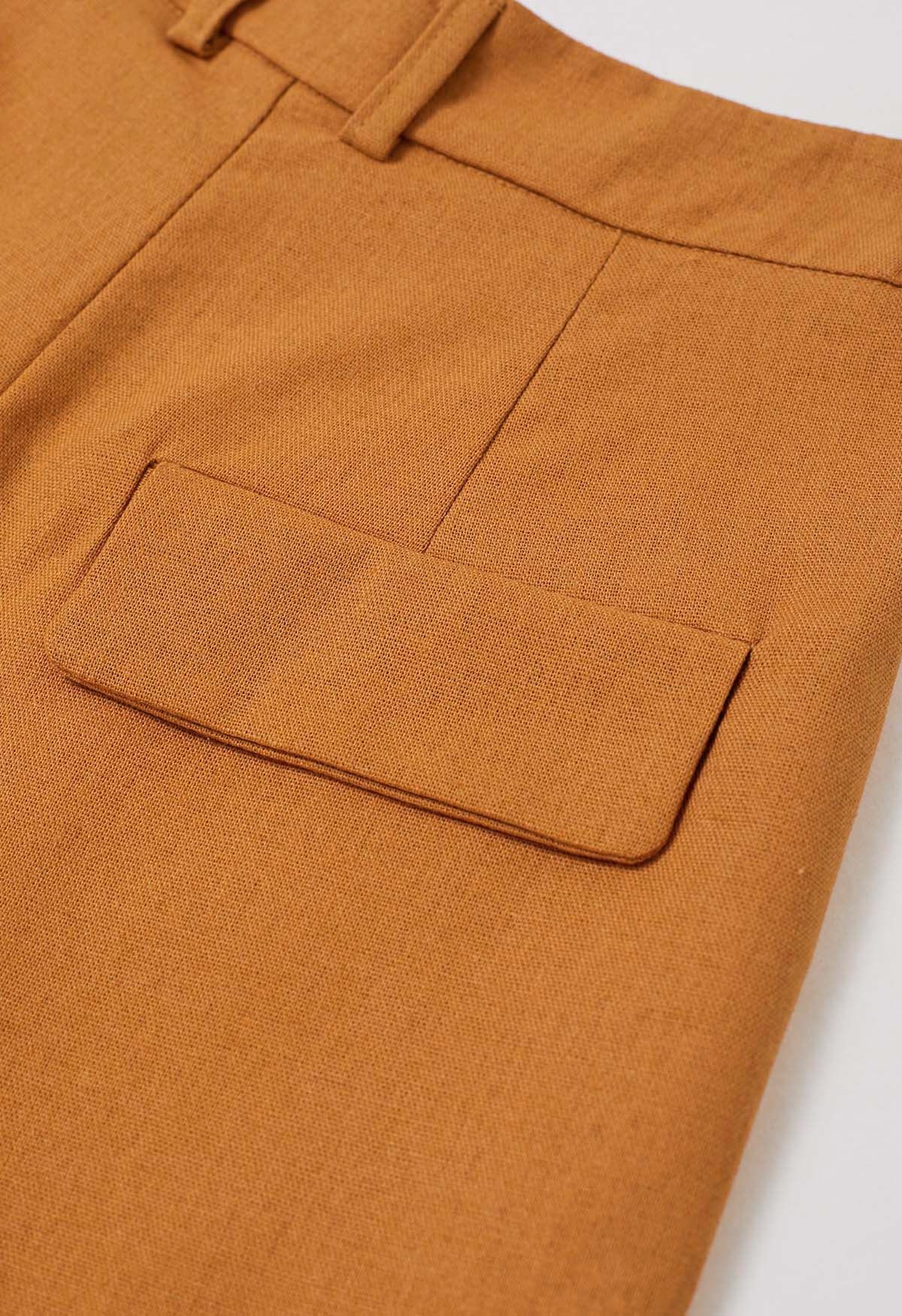 Side Pocket Pleated Linen-Blend Shorts in Pumpkin