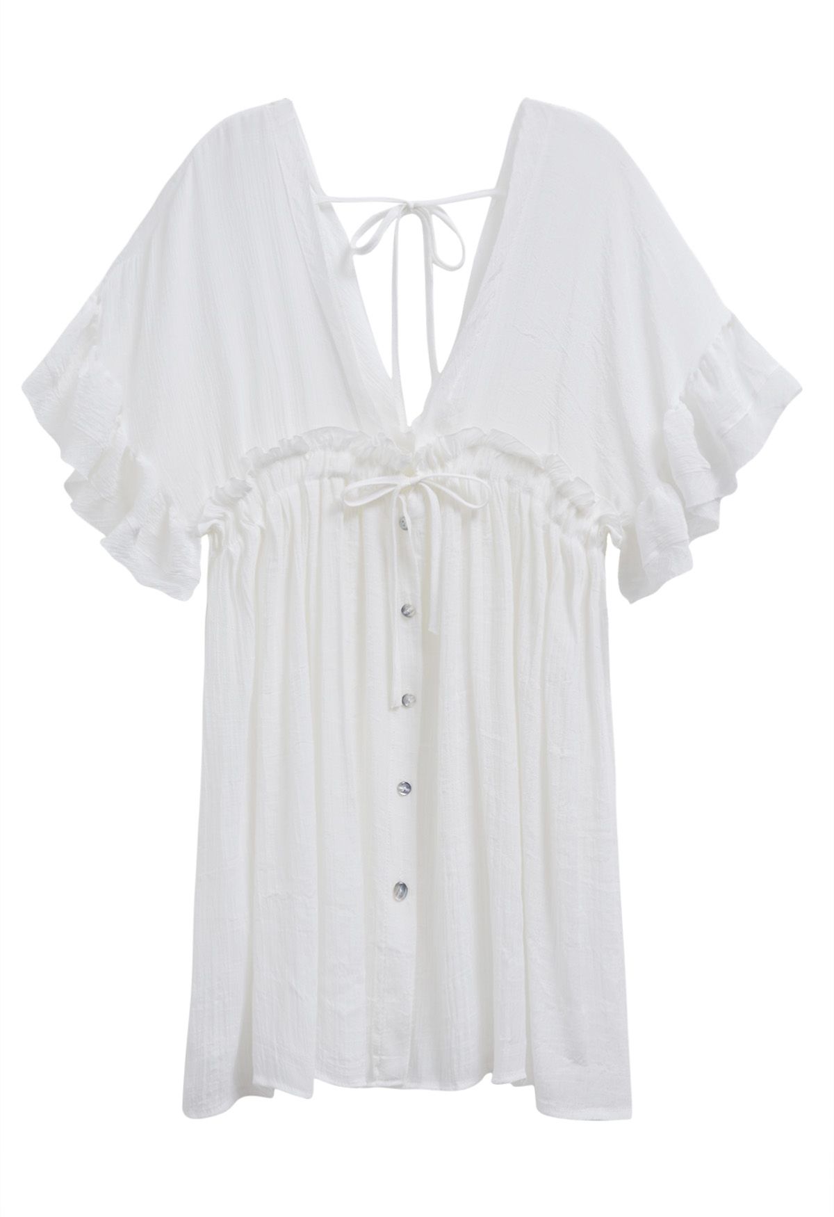 Deep V-Neck Flounce Sleeve Buttoned Cover-Up in White