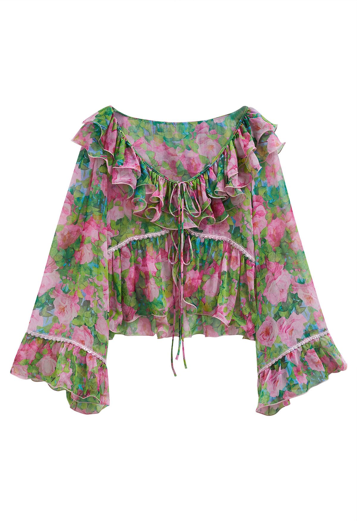 Watercolor Floral Ruffle Bell Sleeve Sheer Top in Green