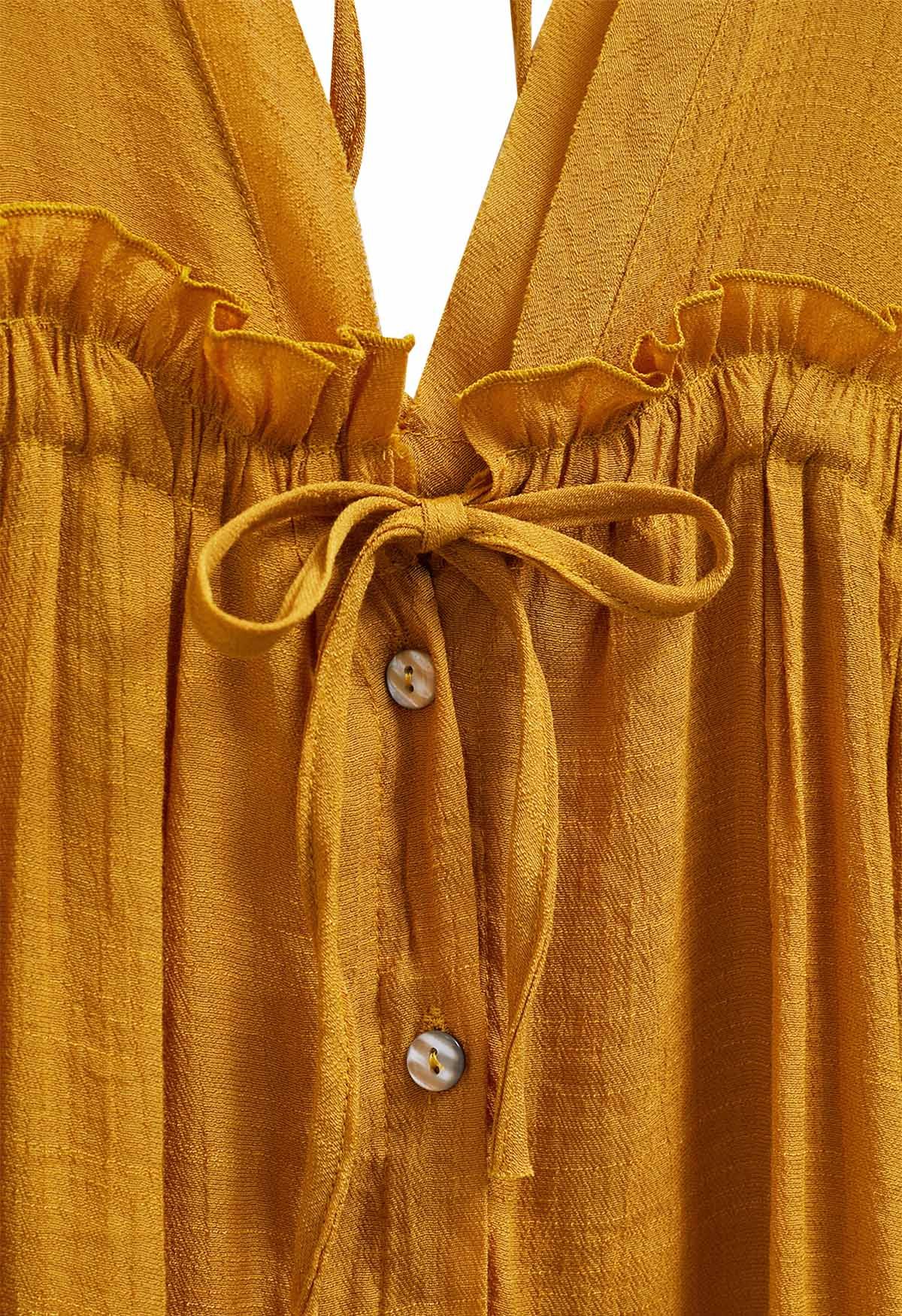 Deep V-Neck Flounce Sleeve Buttoned Cover-Up in Mustard