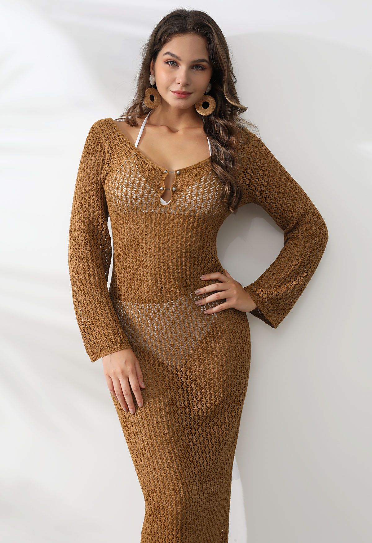 Open Back Bead Decor Crochet Cover-Up in Caramel