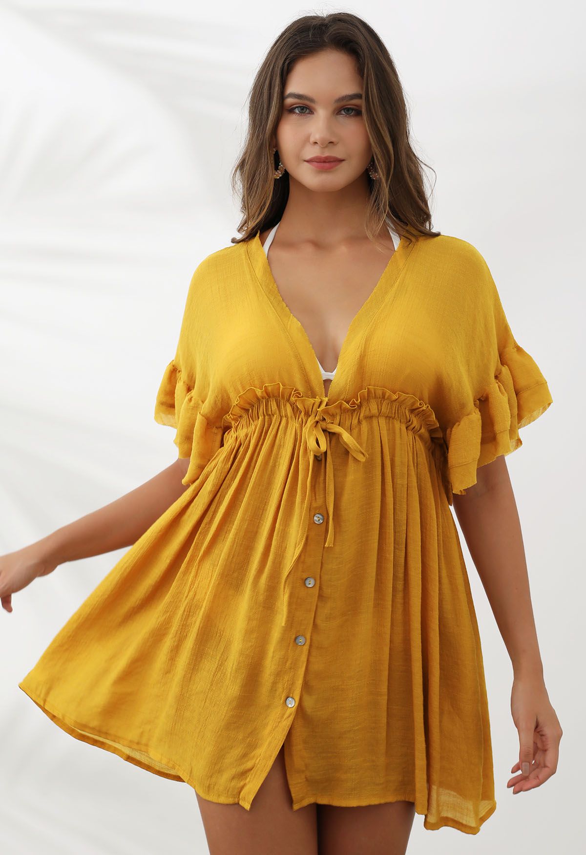 Deep V-Neck Flounce Sleeve Buttoned Cover-Up in Mustard