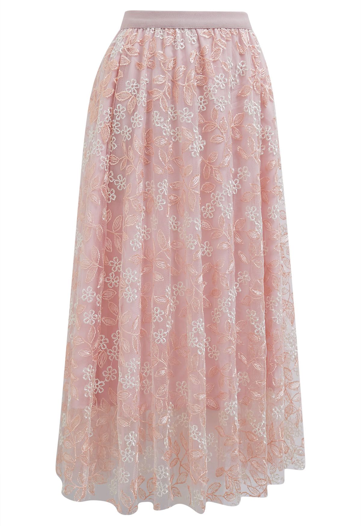 Floral Leaf Embroidered Mesh Tulle Midi Skirt in Pink