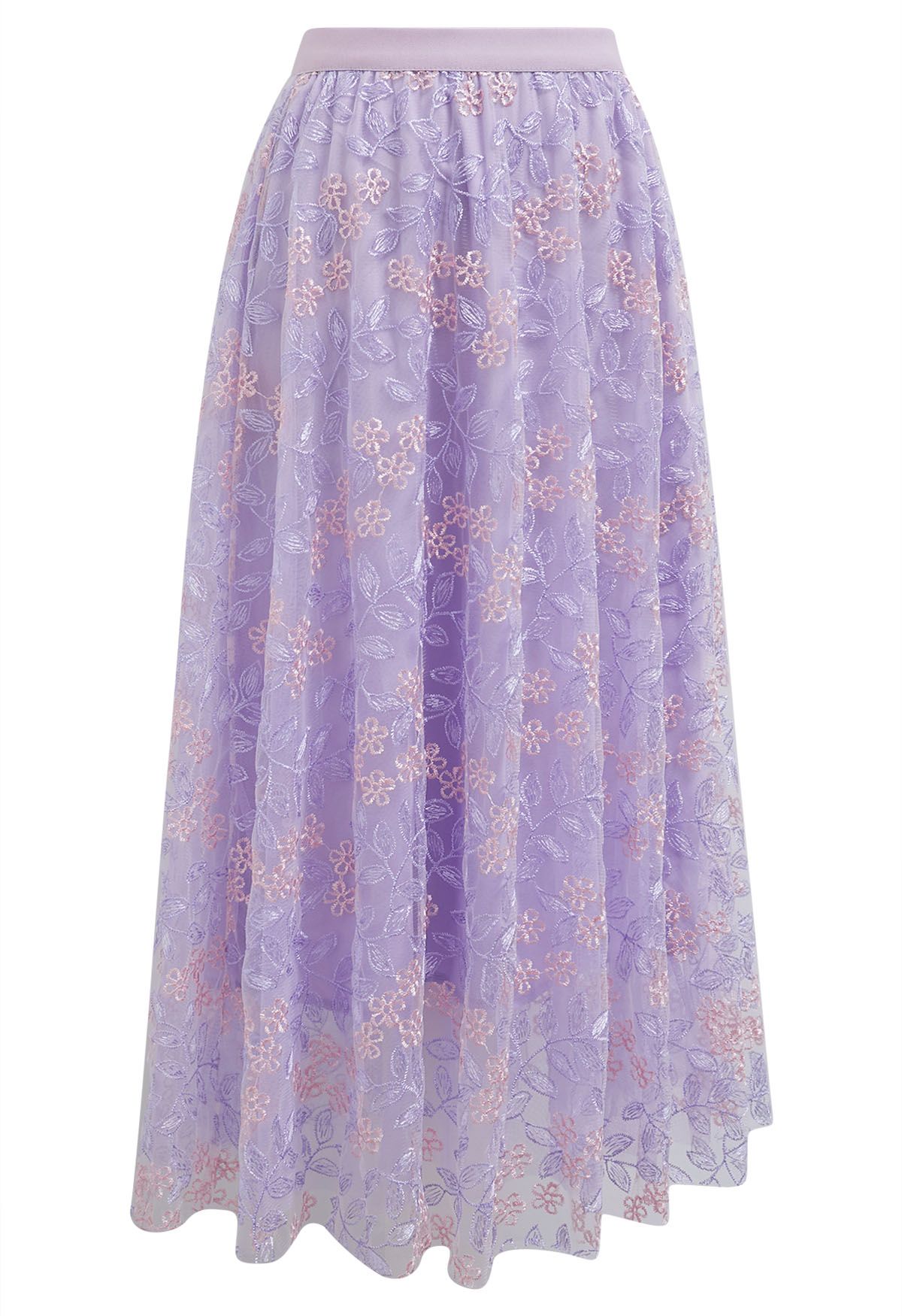 Floral Leaf Embroidered Mesh Tulle Midi Skirt in Lilac