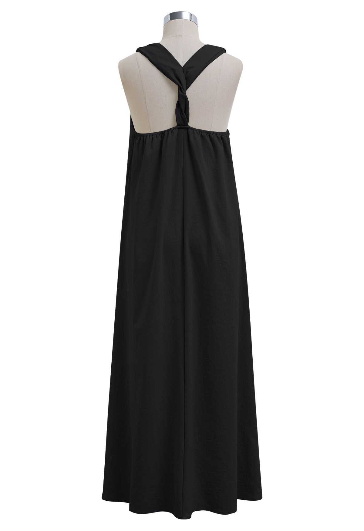 Solid Twist Open Back Halter Maxi Dress in Black