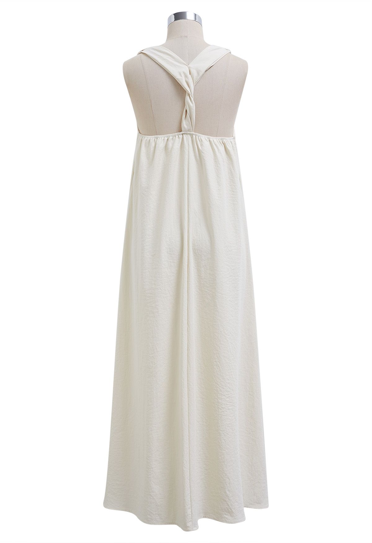 Solid Twist Open Back Halter Maxi Dress in Cream