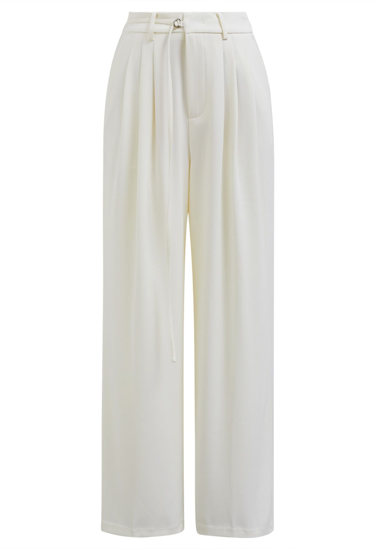 Adjustable Belt Pleated Straight-Leg Pants in Cream