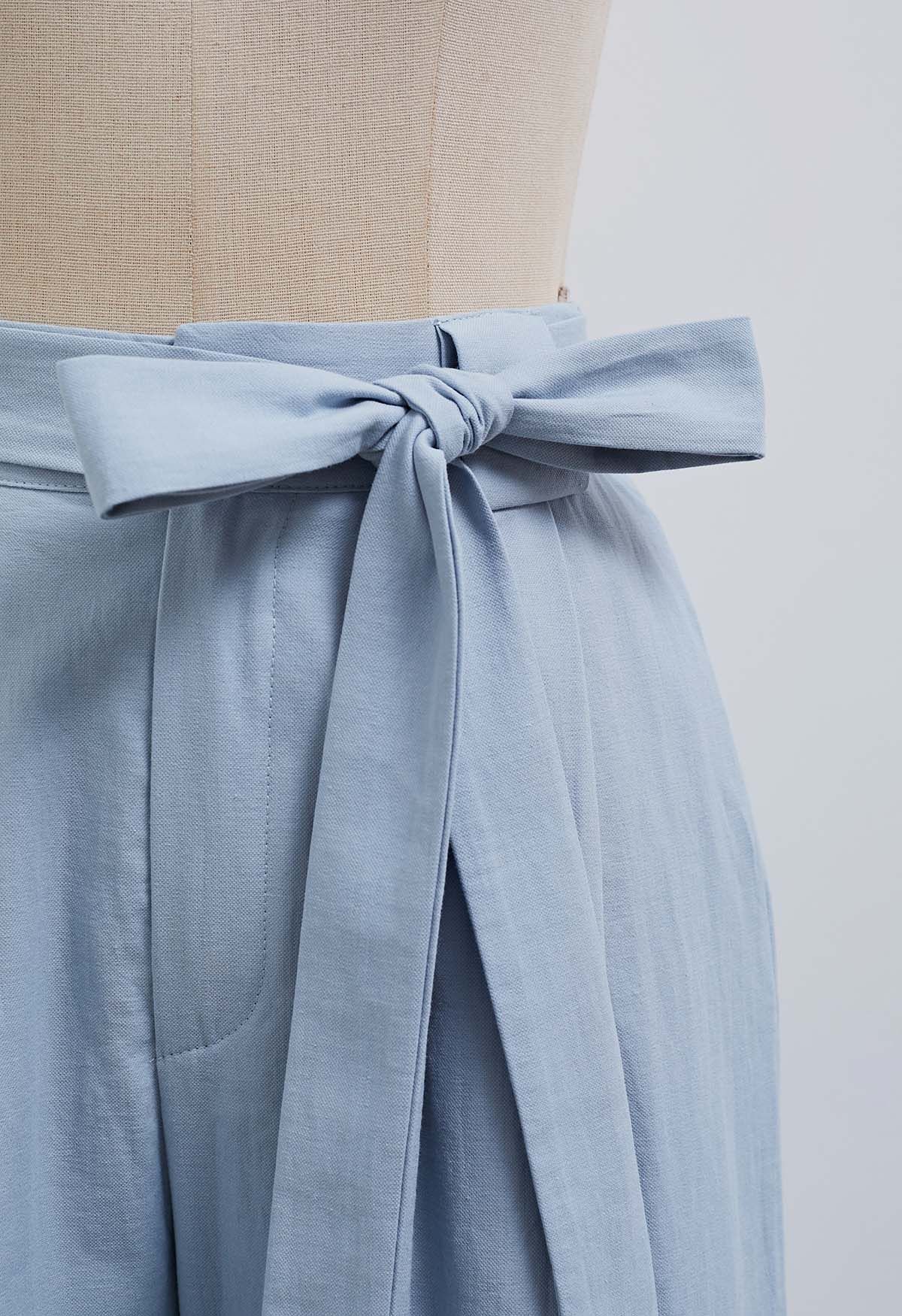 Bow Tie Sash Pleated Wide-Leg Pants in Blue