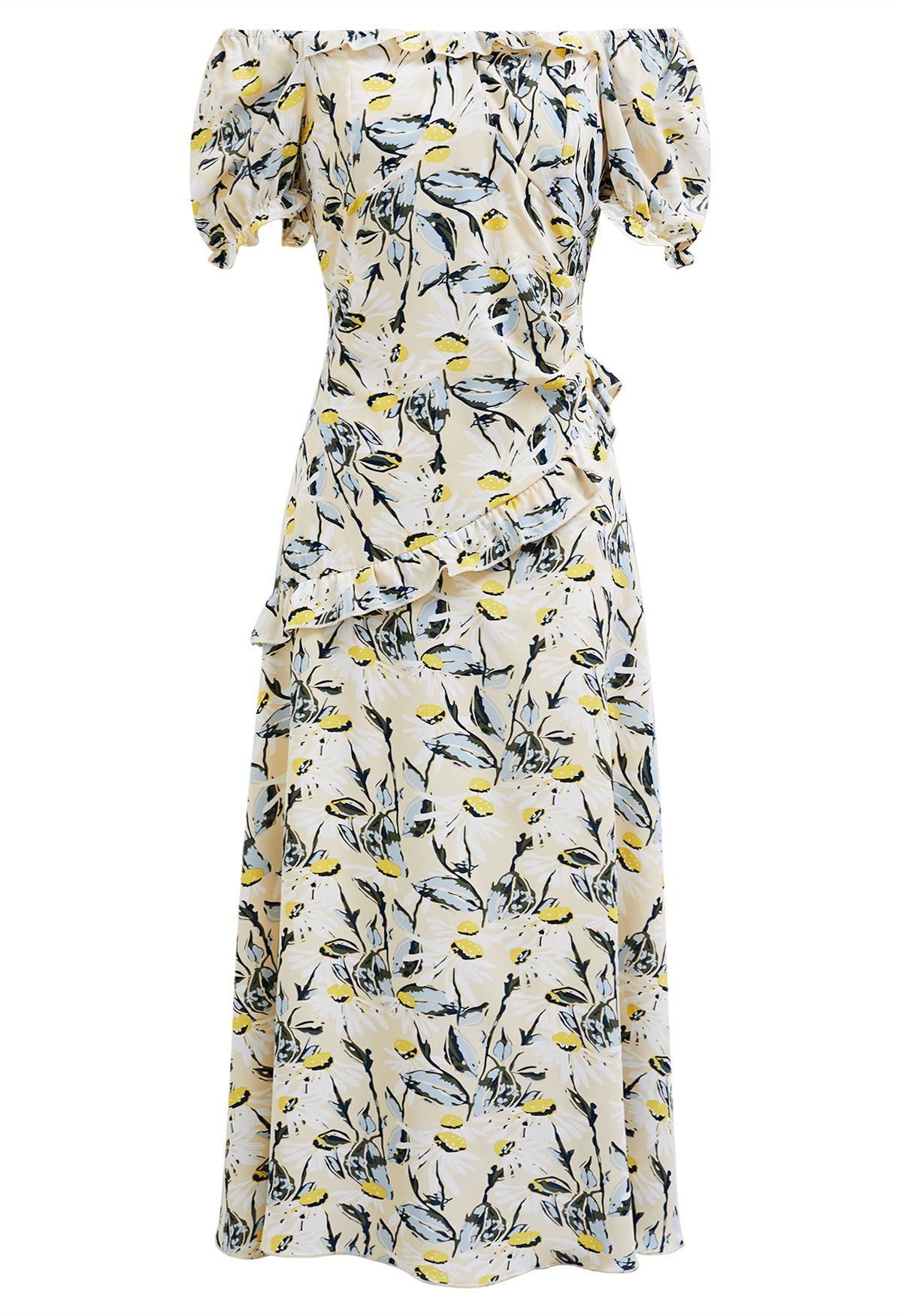 Daisy Printed Off-Shoulder Ruffle Trim Midi Dress