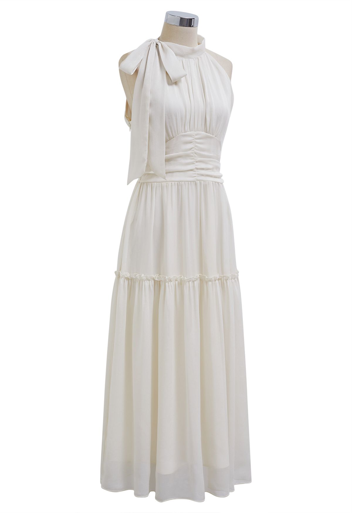 Solid Color Bowknot Halter Neck Ruffle Midi Dress in Ivory