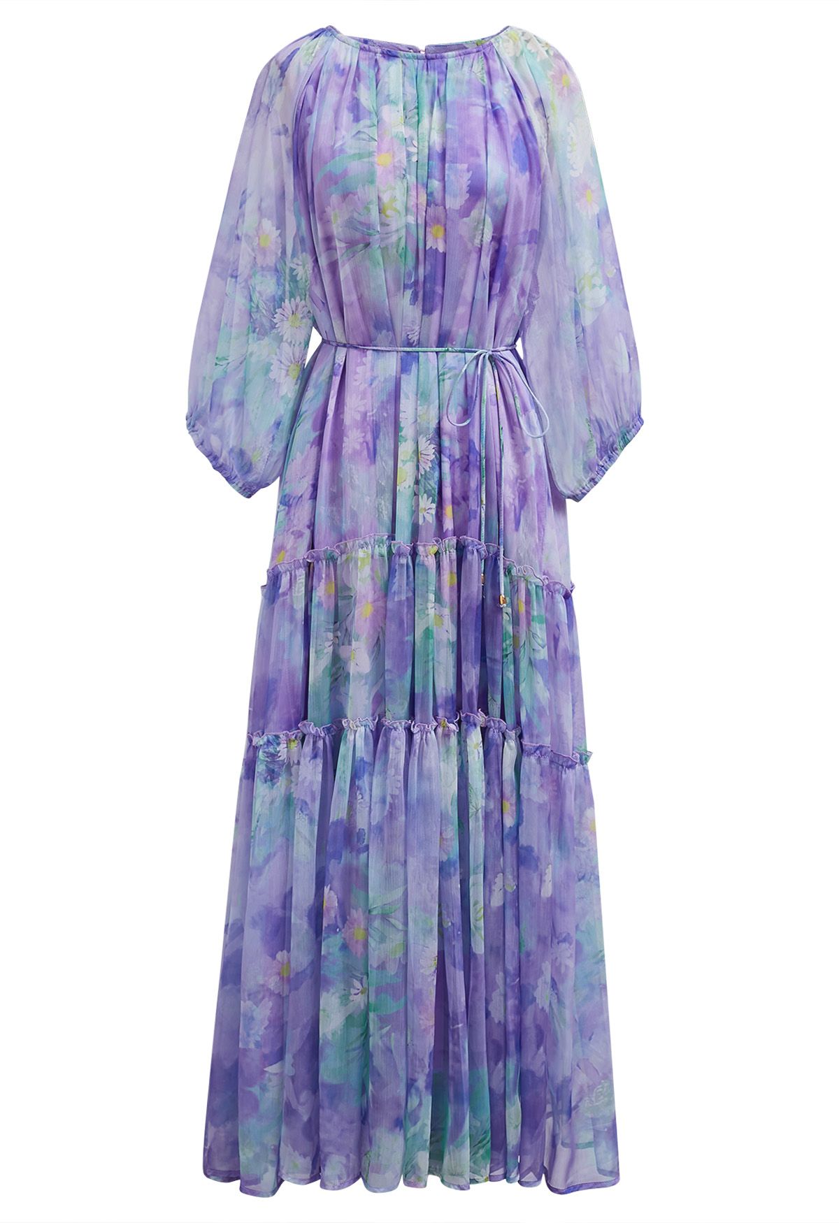 Captivating Purple Watercolor Printed Bubble Sleeves Dress