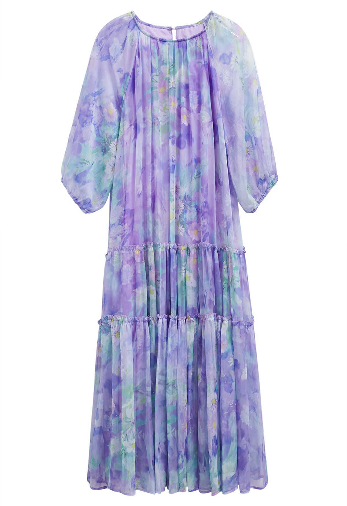 Captivating Purple Watercolor Printed Bubble Sleeves Dress