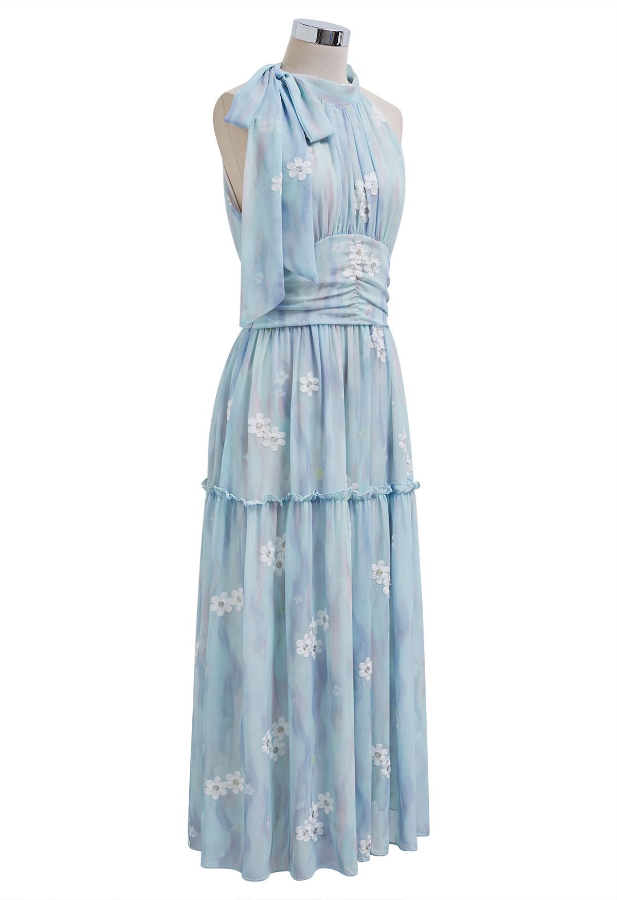 Floret Embroidery Bowknot Halter Neck Ruffle Midi Dress in Blue