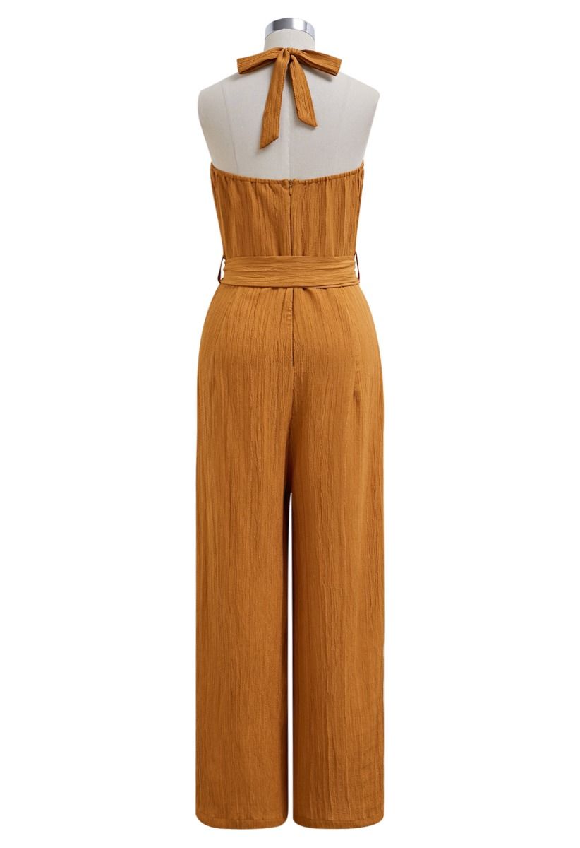 Halterneck Tie Waist Textured Wide-Leg Jumpsuit