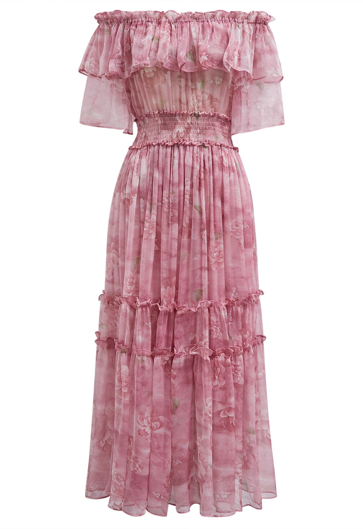 Summer Days Floral Off-Shoulder Ruffle Tiers Chiffon Dress in Pink