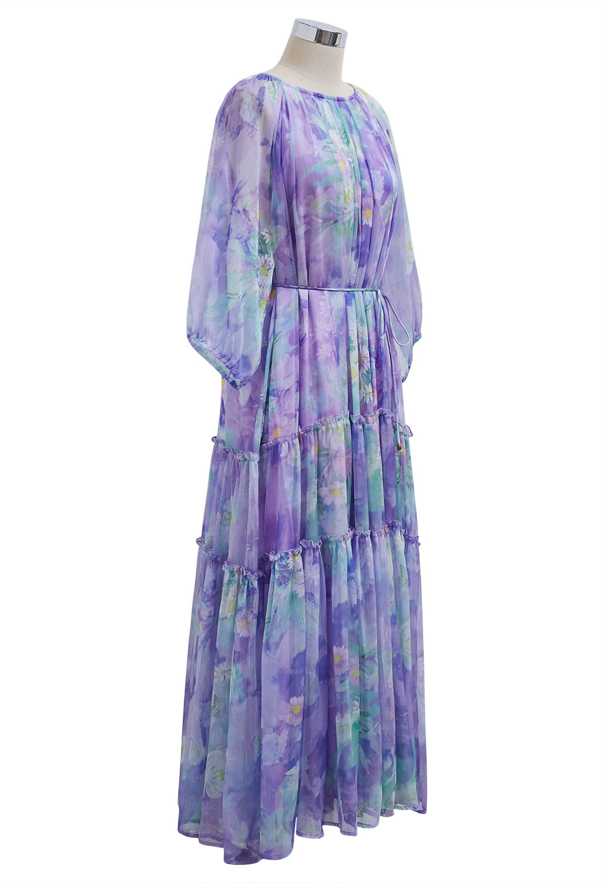 Captivating Purple Watercolor Printed Bubble Sleeves Dress