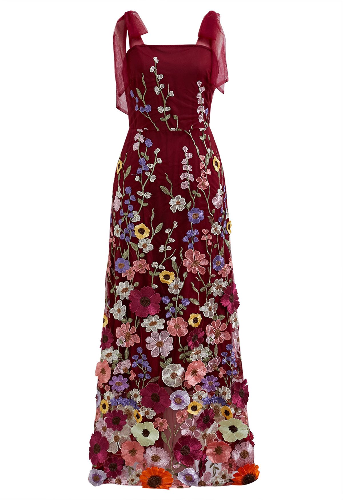 3D Floral Applique Tie Strap Mesh Tulle Maxi Dress in Burgundy