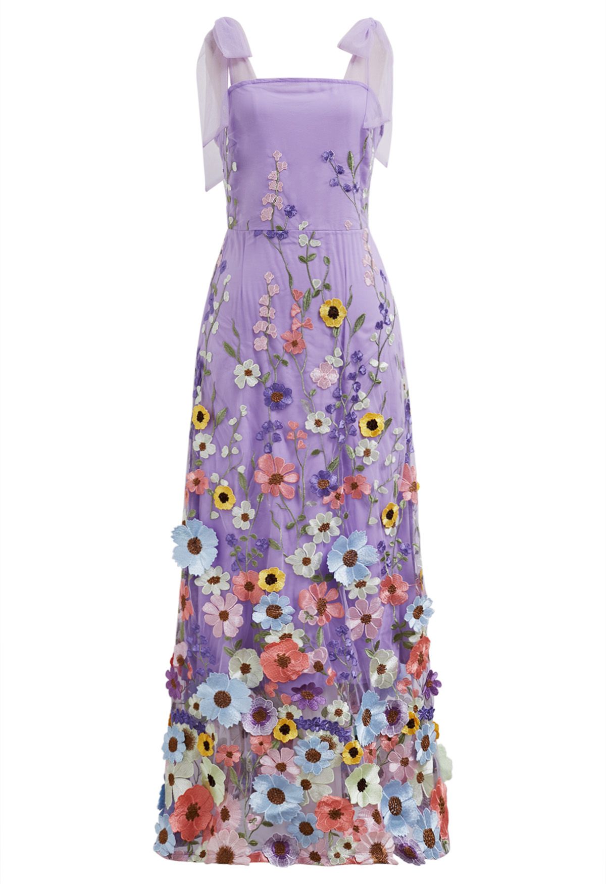 3D Floral Applique Tie Strap Mesh Tulle Maxi Dress in Lilac