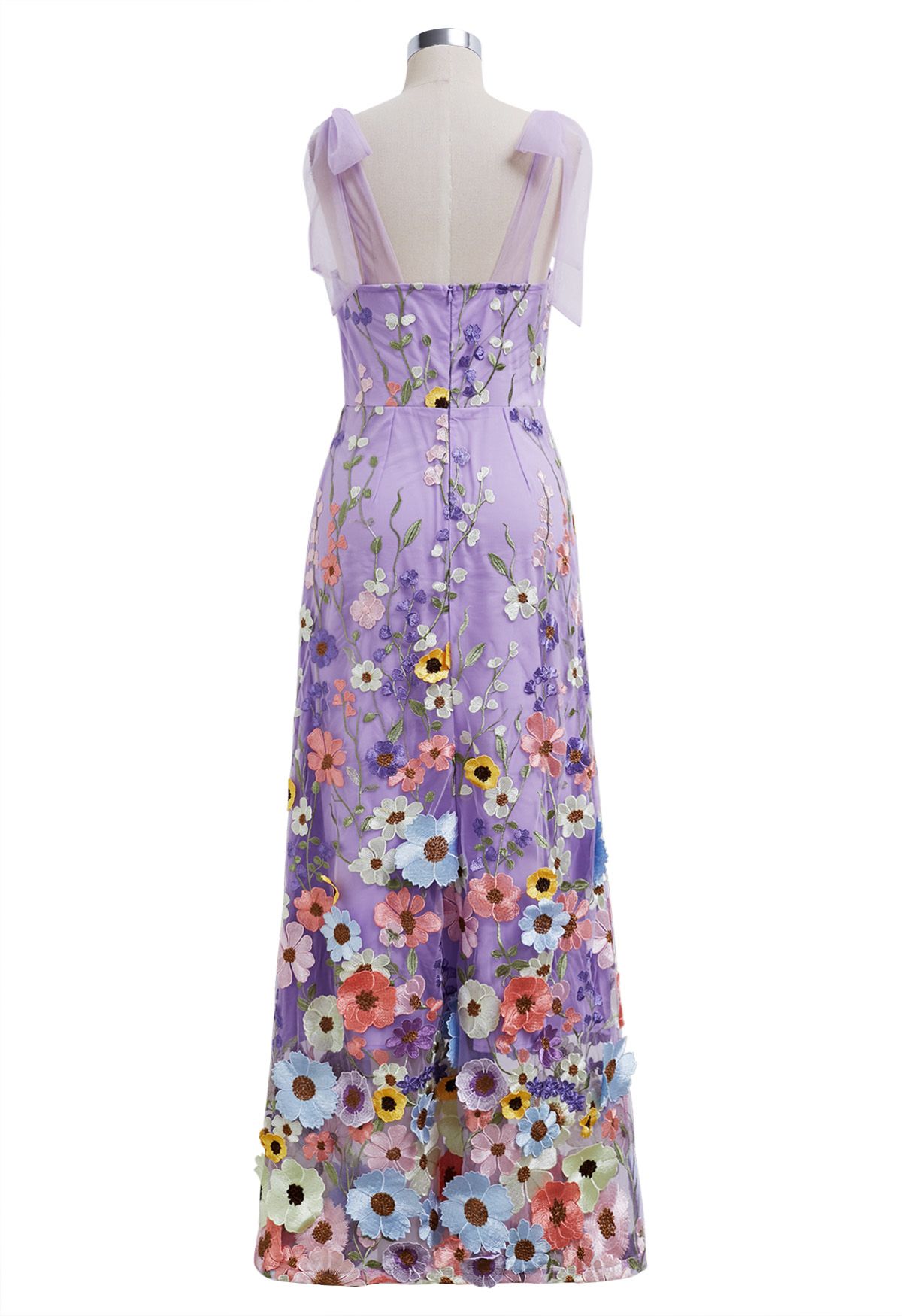 3D Floral Applique Tie-Strap Mesh Tulle Maxi Dress in Lilac