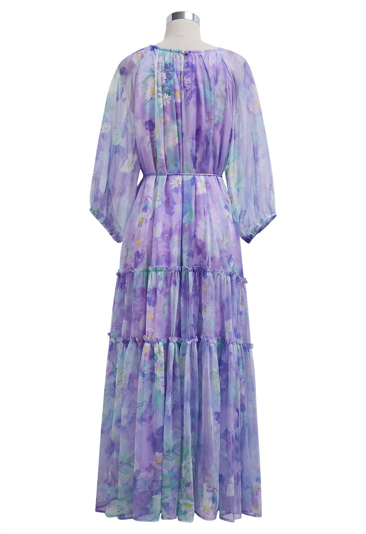 Captivating Purple Watercolor Printed Bubble Sleeves Dress