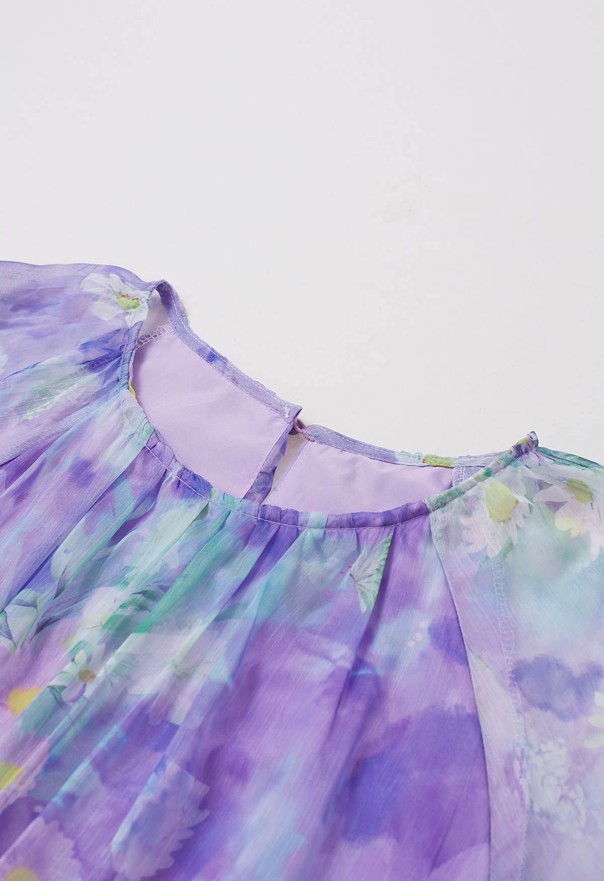 Captivating Purple Watercolor Printed Bubble Sleeves Dress