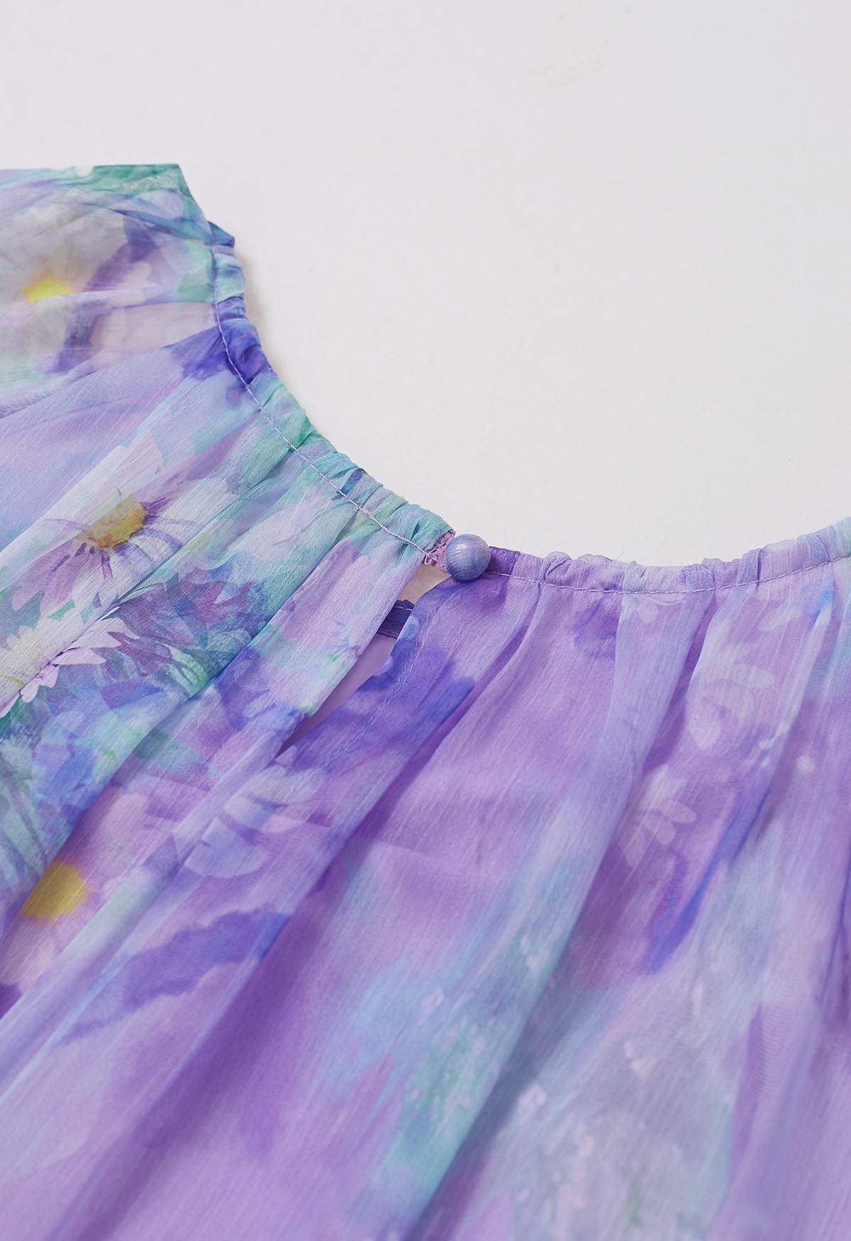 Captivating Purple Watercolor Printed Bubble Sleeves Dress