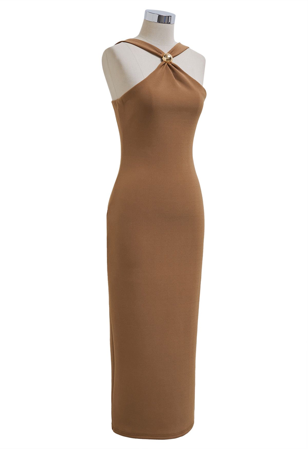 Golden Bead Trim Halter Sheath Dress in Caramel