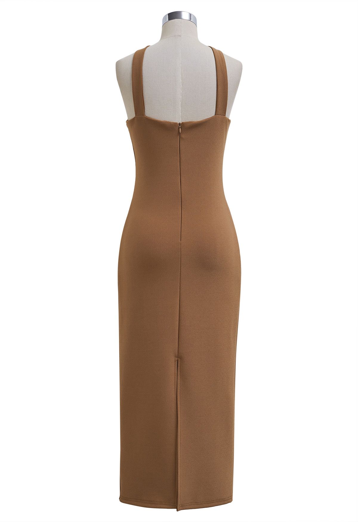 Golden Bead Trim Halter Sheath Dress in Caramel