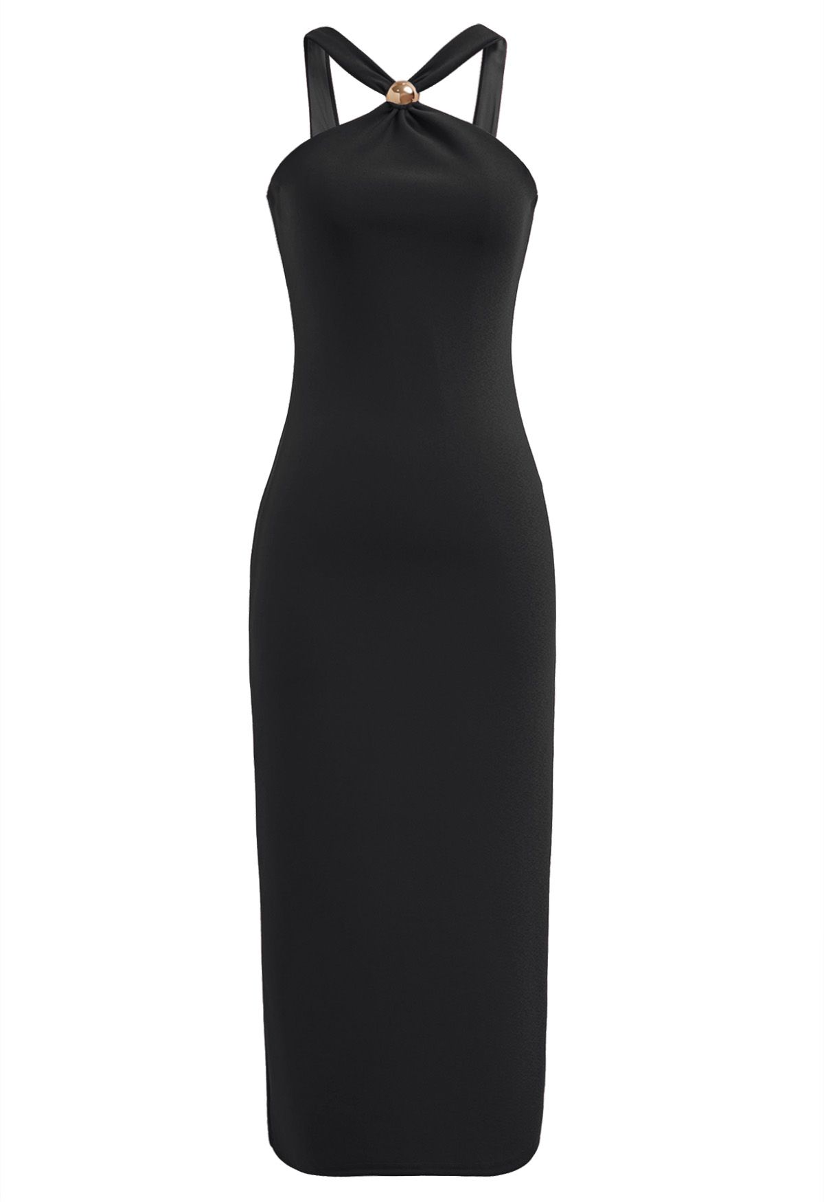 Golden Bead Trim Halter Sheath Dress in Black