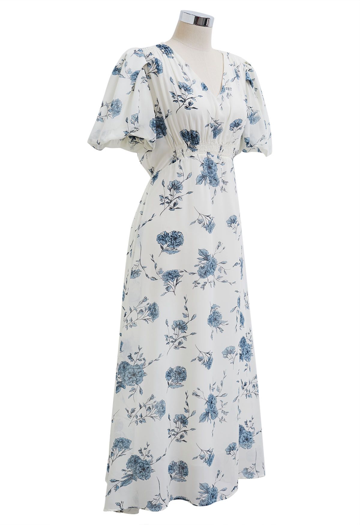 Blue Flower Sketch V-Neck Chiffon Midi Dress